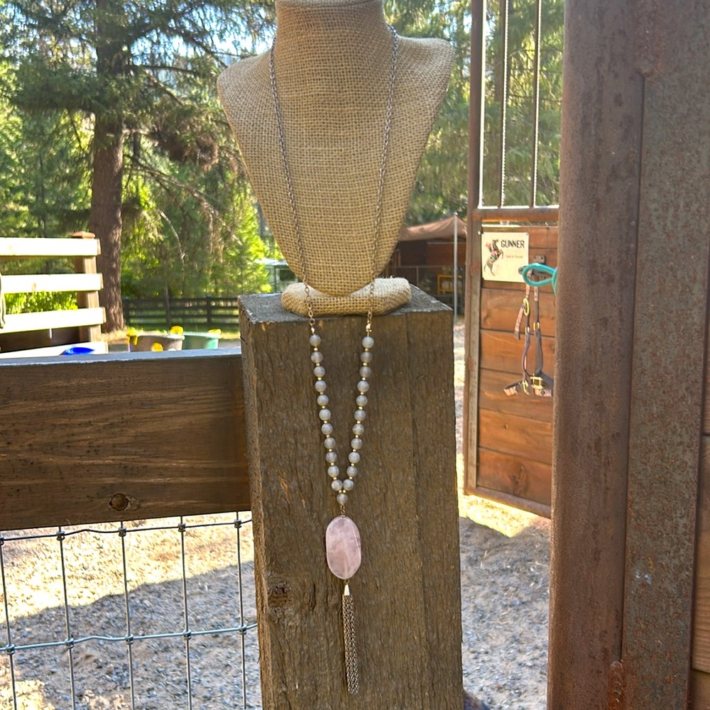 Rose quartz pendant and crackled agate Stone handmade vintage Necklace - Picture 5 of 7